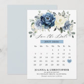 Dusty Blue Navy Champagne Ivory Floral kalender Save The Date (Voorkant / Achterkant)