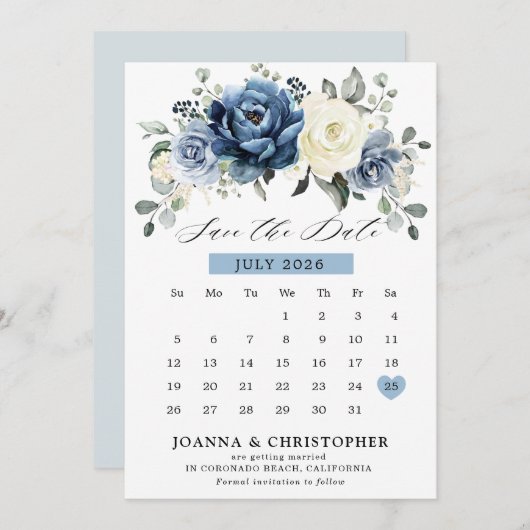 Dusty Blue Navy Champagne Ivory Floral kalender Save The Date (Voorkant / Achterkant)