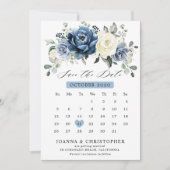Dusty Blue Navy Champagne Ivory Floral kalender Save The Date (Voorkant)
