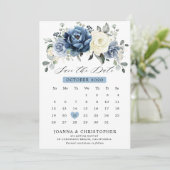 Dusty Blue Navy Champagne Ivory Floral kalender Save The Date (Staand voorkant)