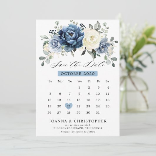 Dusty Blue Navy Champagne Ivory Floral kalender Save The Date (Staand voorkant)