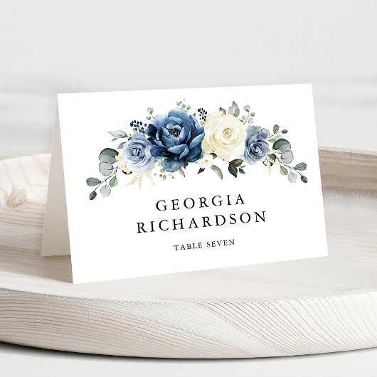 Dusty Blue Navy Champagne Ivory Floral Place Card Kaart