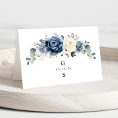 Dusty Blue Navy Champagne Ivory Floral Place Card Kaart