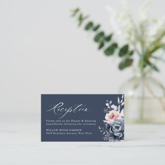 Dusty Blue Navy Champagne Ivory Floral Reception E Informatiekaartje (Staand voorkant)