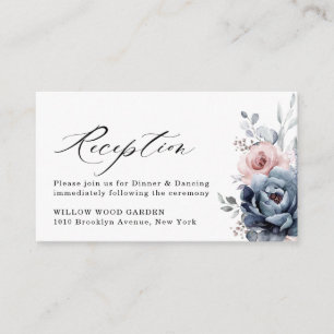 Dusty Blue Navy Champagne Ivory Floral Reception Informatiekaartje