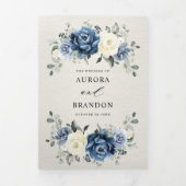 Dusty Blue Navy Champagne Ivory Floral Tri-Fold A Drieluik Aankondiging (Cover)