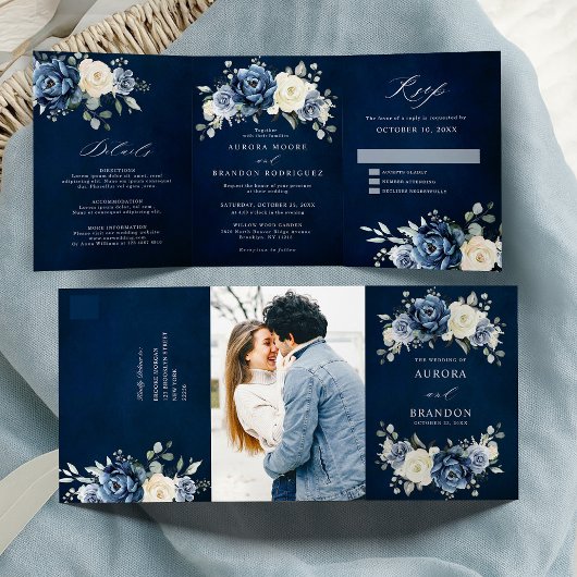 Dusty Blue Navy Champagne Ivory Floral Tri-Fold Drieluik Aankondiging