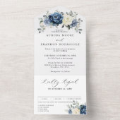 Dusty Blue Navy Champagne Ivory Floral Wedding All In One Uitnodiging (Binnen)