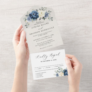 Dusty Blue Navy Champagne Ivory Floral Wedding All In One Uitnodiging
