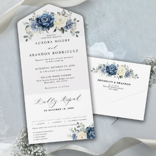 Dusty Blue Navy Champagne Ivory Floral Wedding All In One Uitnodiging