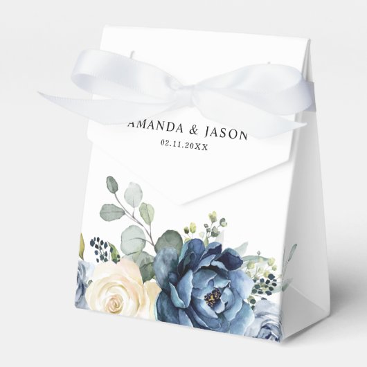 Dusty Blue Navy Champagne Ivory Floral Wedding Bedankdoosjes (Voorkant Zijde)