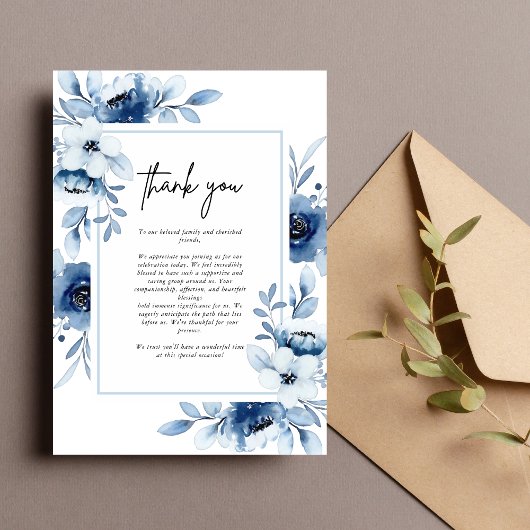 Dusty Blue Navy Champagne Ivory Floral Wedding Bedankkaart