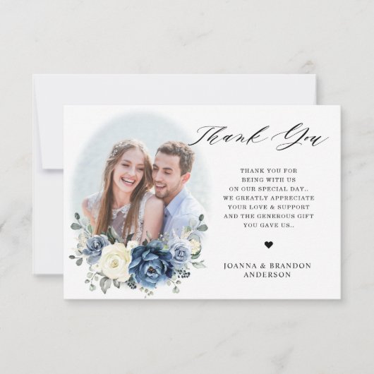 Dusty Blue Navy Champagne Ivory Floral Wedding Bedankkaart (Voorkant)