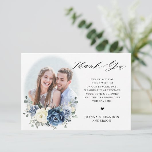 Dusty Blue Navy Champagne Ivory Floral Wedding Bedankkaart (Staand voorkant)