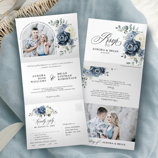 Dusty Blue Navy Champagne Ivory Floral Wedding Drieluik Aankondiging