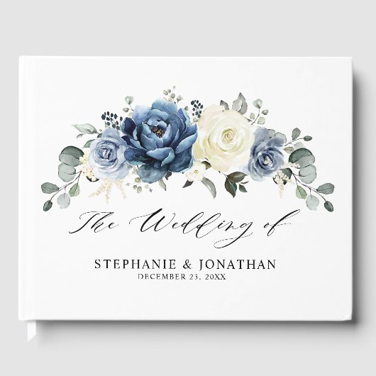 Dusty Blue Navy Champagne Ivory Floral Wedding Gastenboek (Voorkant)