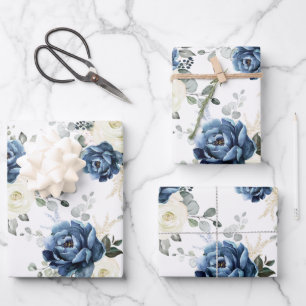 Dusty Blue Navy Champagne Ivory Floral Wedding Inpakpapier Vel