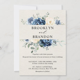Dusty Blue Navy Champagne Ivory Floral Wedding Inv Kaart