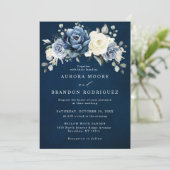 Dusty Blue Navy Champagne Ivory Floral Wedding Inv Kaart (Staand voorkant)