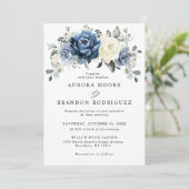 Dusty Blue Navy Champagne Ivory Floral Wedding Inv Kaart (Staand voorkant)