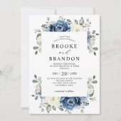 Dusty Blue Navy Champagne Ivory Floral Wedding Inv Kaart (Voorkant)