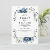 Dusty Blue Navy Champagne Ivory Floral Wedding Inv Kaart (Staand voorkant)