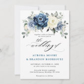 Dusty Blue Navy Champagne Ivory Floral Wedding Inv Kaart (Voorkant)