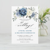 Dusty Blue Navy Champagne Ivory Floral Wedding Inv Kaart (Staand voorkant)
