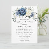 Dusty Blue Navy Champagne Ivory Floral Wedding Inv Kaart (Staand voorkant)