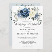 Dusty Blue Navy Champagne Ivory Floral Wedding Inv Kaart (Voorkant / Achterkant)