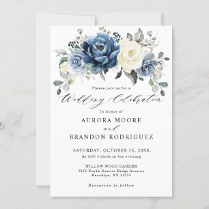 Dusty Blue Navy Champagne Ivory Floral Wedding Inv Kaart