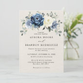 Dusty Blue Navy Champagne Ivory Floral Wedding Inv Kaart (Staand voorkant)