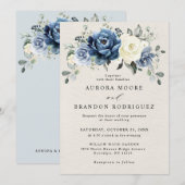 Dusty Blue Navy Champagne Ivory Floral Wedding Inv Kaart (Voorkant / Achterkant)