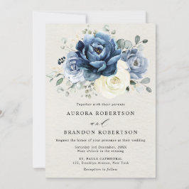 Dusty Blue Navy Champagne Ivory Floral Wedding Inv Kaart