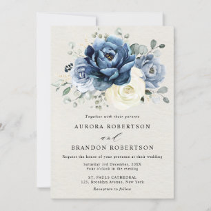Dusty Blue Navy Champagne Ivory Floral Wedding Inv Kaart