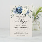 Dusty Blue Navy Champagne Ivory Floral Wedding Inv Kaart (Staand voorkant)