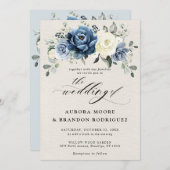 Dusty Blue Navy Champagne Ivory Floral Wedding Inv Kaart (Voorkant / Achterkant)