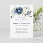 Dusty Blue Navy Champagne Ivory Floral Wedding Inv Kaart (Staand voorkant)
