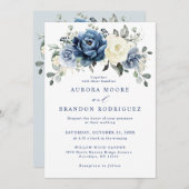 Dusty Blue Navy Champagne Ivory Floral Wedding Inv Kaart (Voorkant / Achterkant)
