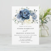 Dusty Blue Navy Champagne Ivory Floral Wedding Kaart (Staand voorkant)