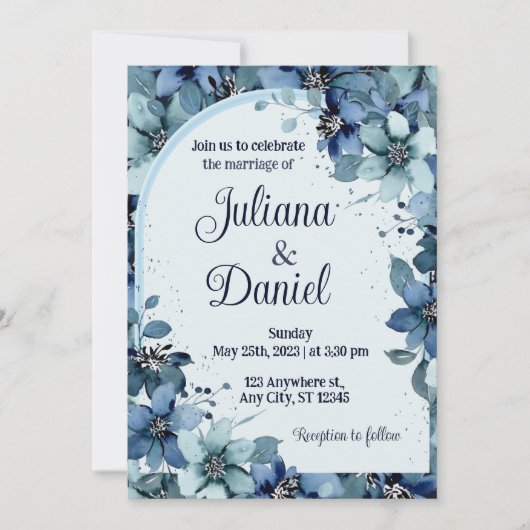 Dusty Blue Navy Champagne Ivory Floral Wedding Kaart (Voorkant)
