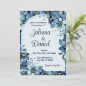 Dusty Blue Navy Champagne Ivory Floral Wedding Kaart (Staand voorkant)