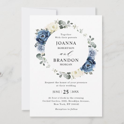 Dusty Blue Navy Champagne Ivory Floral Wedding Kaart (Voorkant)