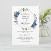 Dusty Blue Navy Champagne Ivory Floral Wedding Kaart (Staand voorkant)