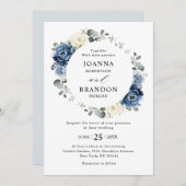 Dusty Blue Navy Champagne Ivory Floral Wedding Kaart (Voorkant / Achterkant)