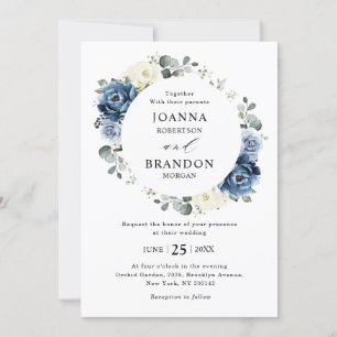 Dusty Blue Navy Champagne Ivory Floral Wedding Kaart