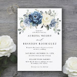 Dusty Blue Navy Champagne Ivory Floral Wedding Kaart<br><div class="desc">Uitnodiging tot het indienen van een stoomblauwe bruiloft met elegante bouquet van blauw van de marine, koninklijk blauw, wit, goud, champagne-ivoor, zwart roos, ranunculus-bloemknoppen en groene eucalyptusbladeren en elegante waterverf bouquet. Neem contact met mij op voor hulp bij aanpassingen of als u een ander product nodig hebt met dit ontwerp....</div>