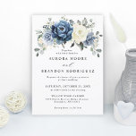 Dusty Blue Navy Champagne Ivory Floral Wedding Kaart<br><div class="desc">Uitnodiging tot het indienen van een stoomblauwe bruiloft met elegante bouquet van blauw van de marine, koninklijk blauw, wit, goud, champagne-ivoor, zwart roos, ranunculus-bloemknoppen en groene eucalyptusbladeren en elegante waterverf bouquet. Neem contact met mij op voor hulp bij aanpassingen of als u een ander product nodig hebt met dit ontwerp....</div>