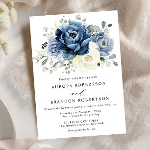 Dusty Blue Navy Champagne Ivory Floral Wedding Kaart