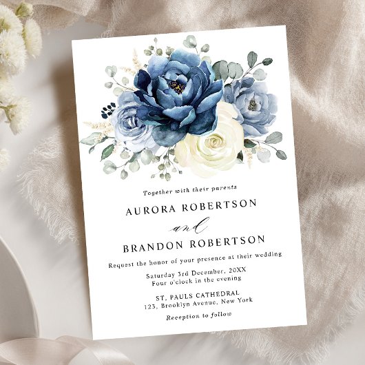 Dusty Blue Navy Champagne Ivory Floral Wedding Kaart